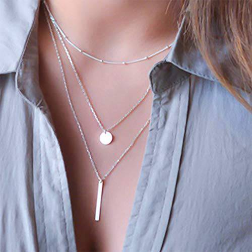 Ursumy Layered Choker Necklaces Sliver Dainty Coin Choker Necklaces Handmade Sequin Necklace Chain with Bar Disc Pendant Adjustable Necklace Jewelry for Women and Girls