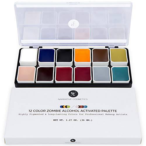 Narrative Cosmetics 12-Color Zombie Alcohol-Activated Palette, Professional Quick Drying Waterproof SFX Makeup for the Stage, Film, Halloween, & Cosplay