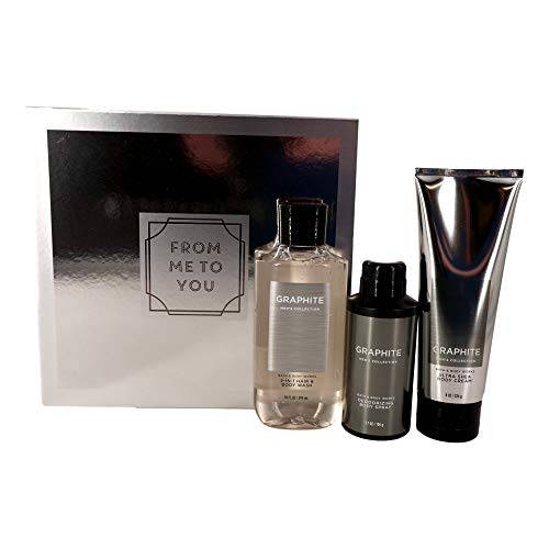 Bath and Body Works GRAPHITE FOR MEN Gift Box Set For Me To You - 2-in-1 Hair + Body Wash, Ultra Shea Body Cream and Deodorizing Body Spray arranged in an easel-style gift box with a ribbon.