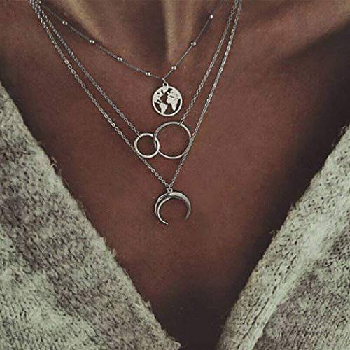 Shegirl Moon Layered Necklace Hollow Map Pendant Necklaces Silver Circle Necklaces Fashion Jewelry for Women and Girls
