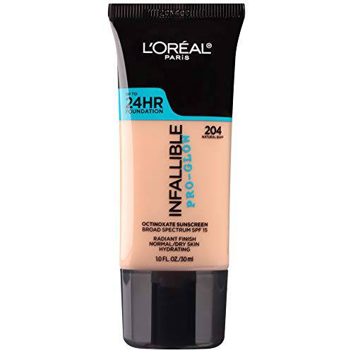 L’Oreal Paris Makeup Infallible Up to 24HR Pro-Glow Foundation, 204 Natural Buff, 1 fl oz.