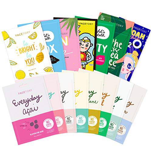 FACETORY Best of Seven and Everyday Facial Sheet Mask Collection Bundle- Hydrating, Refreshing, Calming (15 Sheet Masks Total)