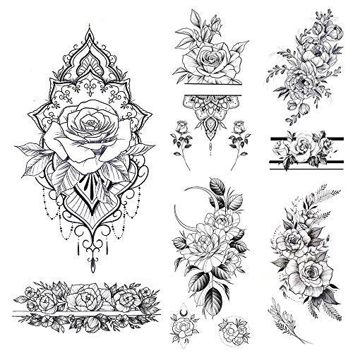 Glaryyears Flower Temporary Tattoos for Women, 11-Pack Henna Design Variety Pack Fake Tattoos, Long-lasting Rose Floral Realistic Tattoos for Arm Shoulder Chest Body Wrist