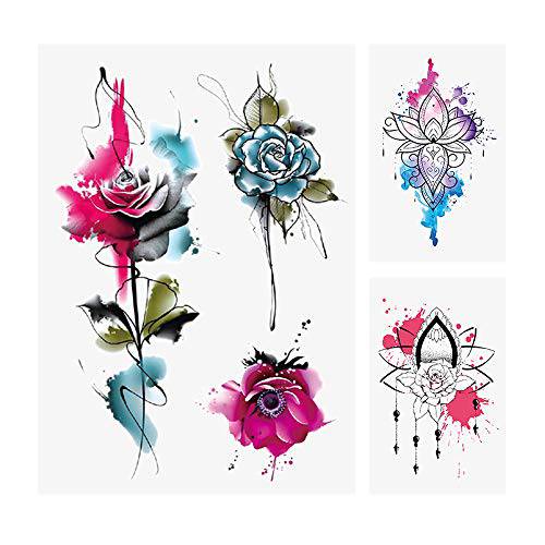Glaryyears Watercolor Flowers Temporary Tattoo for Women Girls, Long Lasting Realistic Fake Temp Tattoos Stickers, 10 Pack Henna Large Big Makeup on Adults Body Sleeve Arm Neck Chest Wrist Waterproof