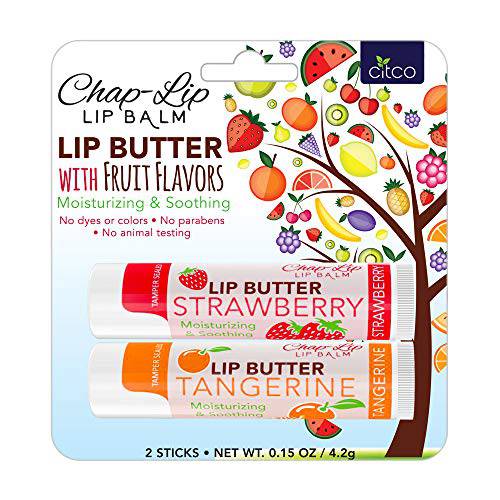 CHAP-LIP Lip Butter Lip Balm with Fruit Flavors, Cocoa Butter, Coconut Oil | Moisturizing Vitamin E & Total Hydration Treatment & Soothing Lip Therapy (2 Count - Strawberry & Tangerine)