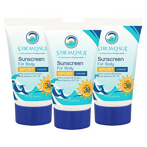 SPF 30 Mineral Sunscreen Biodegradable & Reef Safe Sunscreen | 1 Fl oz Travel Size Pack of 3 | Non Greasy & Moisturizing Mineral Sunscreen For Face and Body Protection Against UVA & UVB by Stream2Sea