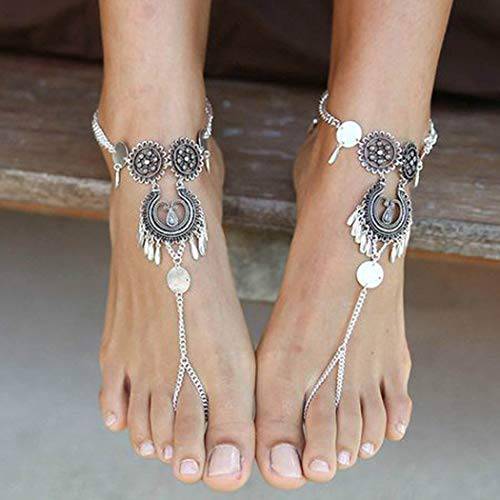 Sakytal Vintage Foot Chain Silver layered Toe Ring Anklet Tassel Boho Summer Beach Barefoot Sandal Ankle Bracelets for Women and Girls (1PCS)