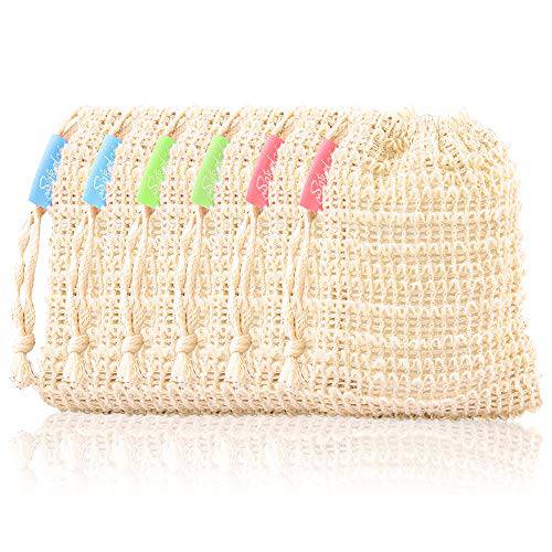 Soap Saver Bag Pouch - Natural Sisal Exfoliating Soap Bags Sack Scrubber, Bar Soap Mesh Bags 6 Piece Made from Ramie Hemp with Drawstring, Soap Pocket Soap Holder for Drying Foaming Shower Bath