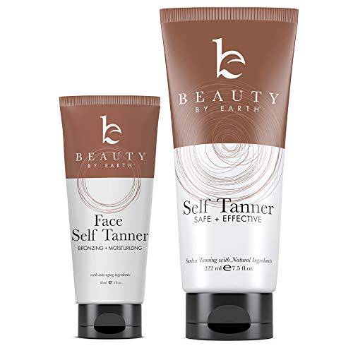 Self Tanner Face & Body - With Organic Aloe Vera & Shea Butter, Sunless Tanning Lotion, Bronzer Buildable Light, Medium or Dark Tan, Fake Tan Self Tanners Best Sellers, 7.5oz (body) 3oz (face)