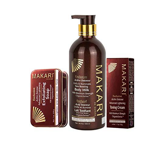 Makari Exclusive Skin Toning 3-Piece Gift Set | Self Care Kit Includes Toning Milk 16.8oz, Toning Cream 1.7oz, Exfoliating Soap 7oz, and Decorative Gift Box | Beauty Gifts for Women and Men