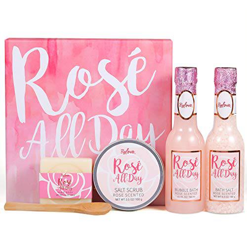 Spa Gifts for Women, Bath Gift Set with Rose Gift Baskets for Women, Spa Kit from Essential Rose Oil,Bath Salt,Salt Scrub,Soap, Natural Petals,Mother’s Day Gift Box for Her, BFFLOVE 6Pc Dried Floral