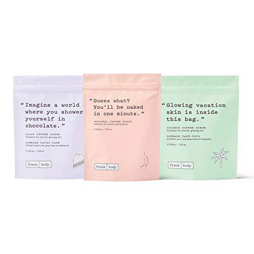 Frank Body Scrub Variety Pack | Natural, Vegan, Cruelty Free Exfoliating Body Scrub | Includes Original Coffee, Cacao, & Coconut Coffee Scrubs | 3 x 7.05 oz / 200 g