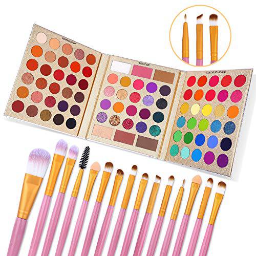 UCANBE Makeup Eyeshadow Palette + 15Pcs Brush Set, Pigmented 86 Colors Make Up Pallet with Brushes, Matte Shimmer Glitter Palettes Sets, Eye Shadow Highlighters Contour Blush Powder Beauty Kit