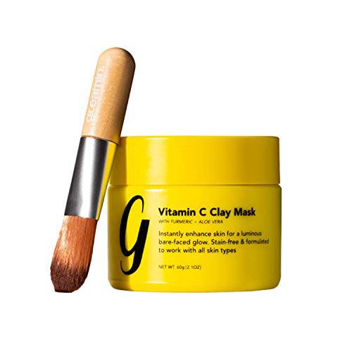 Gleamin Turmeric Vitamin C Clay Mask & Brush - Clay Face Mask with Aloe - Vegan Treatment & Brush - Helps Improve Appearance of Dark Spots, Blemishes & Scarring - No Mix, Ready to Apply (2.1 Oz)