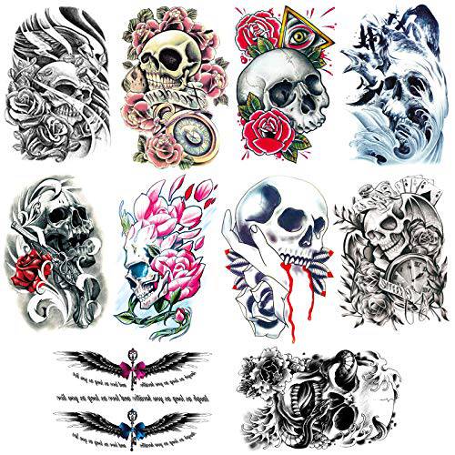 Ooopsiun 10 Sheets Large Arm Temporary Tattoos For Men Adults, Skull Skeleton Fake Arm Tattoo stickers Halloween Day of the Dead