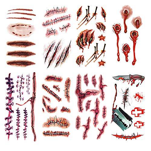 Temporary Tattoos Halloween Tattoos Costumes Fake Scars Tattoos Halloween Injury Blood Wound Makeup for Party Horror Cosplay Costume 8 Sheets