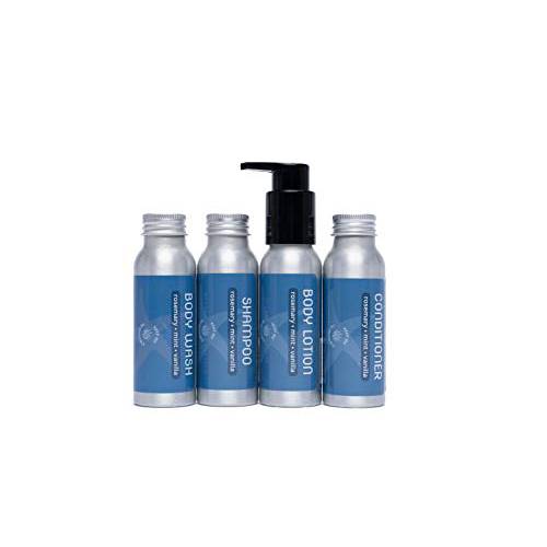 Travel Size Shampoo, Conditioner, Body Wash and Body Lotion - Rosemary, Mint, Vanilla - Sulfate Free, Refillable Bottle, 2.5 oz