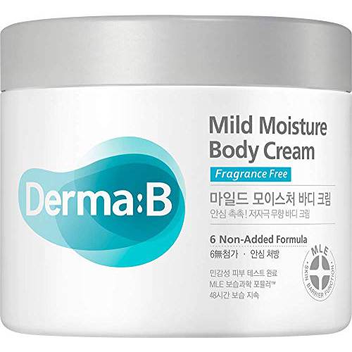 Derma B Mild Moisture Body Cream, Fragrance Free for Dry & Sensitive Skin with Shea Butter, Unscented Moisturizer, 14.54 Fl Oz, 430ml