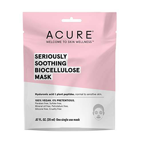 Acure Seriously Soothing Biocellulose Gel Mask | 100% Vegan | For Dry to Sensitive Skin | Hyaluronic Acid & Plant Peptides - Soothes & Hydrates | Single Use Mask | 1 Count, Multi Color
