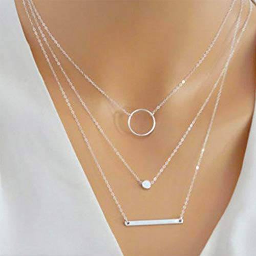 YienDoo Bohemia Multilayer Necklace with Circle Metal Rod pendant Boho Necklace Chain Jewelry for Woman and Girls (Silver)