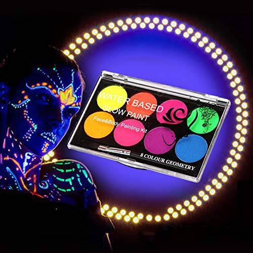 DELISOUL UV Neon Face Paint,Glow In The Dark Face Paint,Black Light Body Paint,8 Colors Water Activated Professional Face Painting Makeup Kit Non-Toxic With 10 Brushes For Adults Halloween Costumes