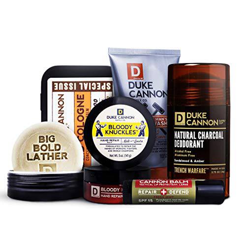 Duke Cannon Christmas Holiday Season Gift Bundle For Handsome Man - Pack Of 6 (The Nomad) Hand Repair Balm + Birchwood Cologne + Gold Rush Shampoo + Natural Deodorant + Face Wash + Tactical Lip Balm