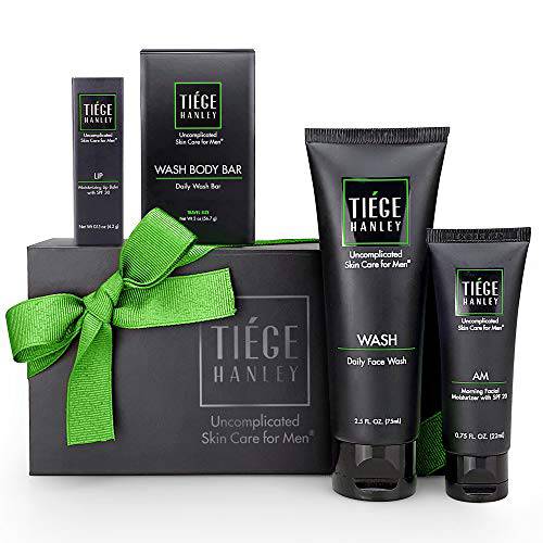 Tiege Hanley Men’s Skin Care Gift Set | 4 Products | Face Wash, Moisturizer w SFP, Lip Balm w SPF and a Bonus Travel Size Lightly Exfoliating Bar Soap | Uncomplicated Skin Care Routine