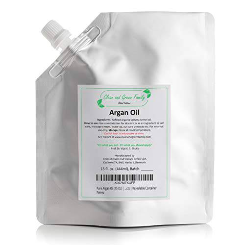 Clean and Green Refined Pure Argan Oil - 100% Natural, Unscented, Base Oil for Handmade & Homemade Argan Hair Growth Oil, Lotion, Face Oil, Carrier Oil in Premium Resealable Pouch, 15 oz