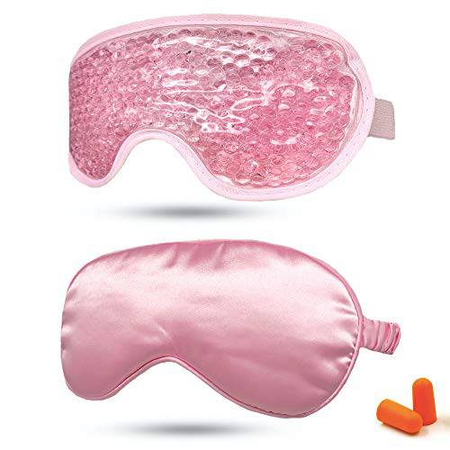 Gel Eye Mask + Silk Sleep Mask, Hot/Cold Eye Mask Ice Relax & Massage Eye Mask for Puffy Eyes/Dark Circles/Eye Bags /Dry Eyes/Headaches/Migraines/Stress Relief, Adjustable Strap,Reusable (Light Pink)