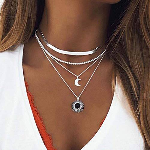 Sakytal Boho Silver Layered Necklaces Moon Pendant Necklace Chain Herringbone Necklace for Women and Girls