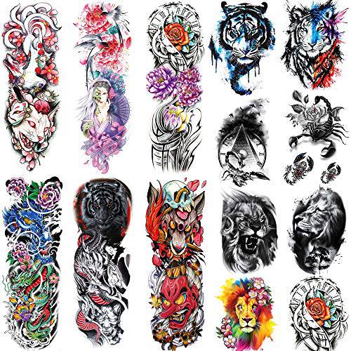 Kotbs 15 Sheets Flower Lion Tiger Temporary Tattoo Sleeve, Include 5 Sheets Full Arm Temporary Tattoos and 10 Sheets Half Arm Shoulder Tattoo Stickers, Extra Large Tattoo Sleeve for Men Women