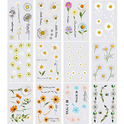 Ooopsiun 3D Daisy Temporary Tattoos for Women Girls Flowers Fake Tattoos Body Art Stickers for Hand Neck Wrist Arm, 12 Sheets
