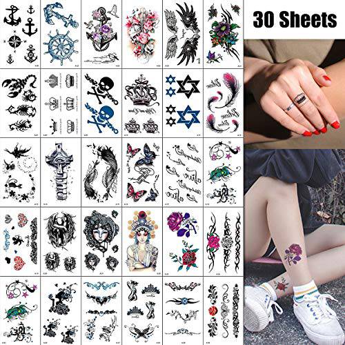besharppin 30 Sheets Temporary Tattoos, Small Waterproof Tattoo Stickers for Women Men Body Items Decoration