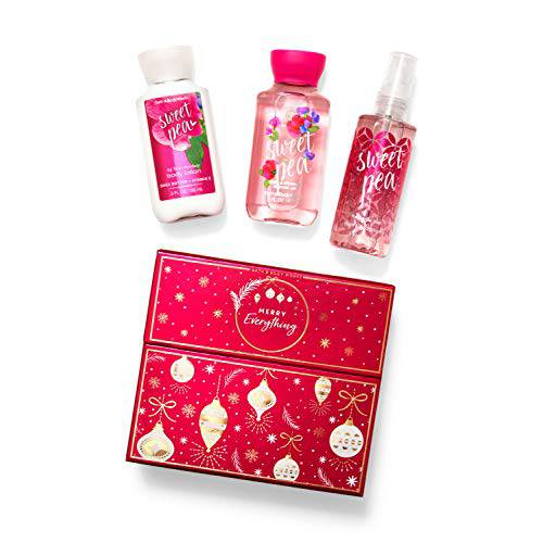 Bath and Body Works SWEET PEAMerry Everything Mini Gift Box Set Travel Size arranged in a festive gift box.