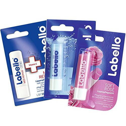 Labello 1x Med Protection, 1x Hydro Care, 1x Soft Rose Lip Balm Bundle