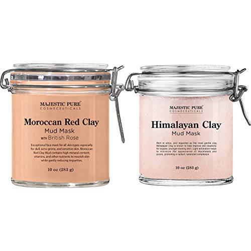 Majestic Pure Moroccan Red Clay Mud Mask and Himalayan Facial Mask Bundle - Pore Cleansing, Exfoliating and Acne Fighting Mask Package