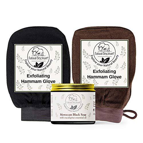 Natural Elephant Moroccan Black Soap 200g (7oz) and 2 Pack Exfoliating Hammam Glove Combo (Black and Brown)