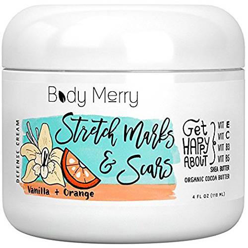 Body Merry Vanilla Orange Stretch Marks and Scars Defense Cream – Daily Moisturizer with Organic Cocoa Butter, Shea and Oils - Fade Old and New Body Marks and Nourish Dry Skin, 4 oz