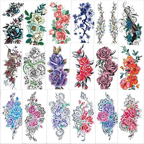 Konsait 18 Sheets Large Temporary Tattoos Flower,Rose Tattoo Temporary Waterproof Sexy Body Tattoo Sticker for Woman Adult Girls Fake Tattoo Arms Legs Shoulder Back