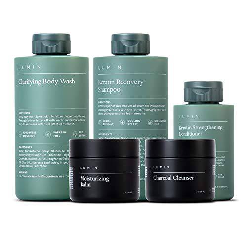 The Modern Bathroom Collection for Men: 5 Piece Kit to Cleanse/Moisturize Hair, Skin, Body - Includes Moisturizing Balm, Charcoal Cleanser, Keratin Shampoo, Keratin Conditioner, Body Wash - by Lumin