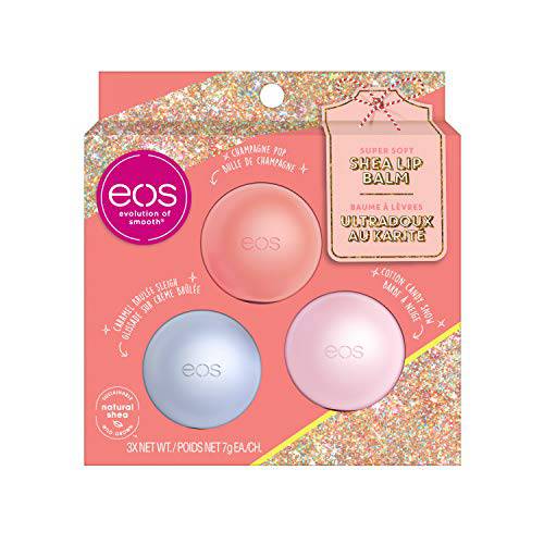 EOS Super Soft Shea Lip Balm Holiday Gift Set - cotton Candy, Caramel & Champagne Pop | Deeply hydrates and Seals in Moisture, Sustainably-Sourced Ingredients