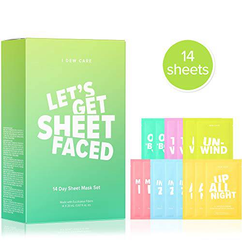 I DEW CARE Let’s Get Sheet Faced Face Sheet Mask Pack | Korean Skin Care Set | 14 Days Intense Skin Makeover | Self Care Gift Set | Collagen, Acai Berry, Tea Tree Oil, Eucalyptus