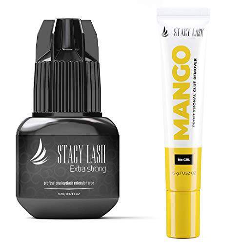 Mango Cream Remover + Extra Strong Eyelash Extension Glue - Stacy Lash 5 ml / 0.5-1 Sec Drying time/Retention – 7 Weeks/Maximum Bonding Power/Professional Use Only/Black Adhesive/Cream Remover/ 15g