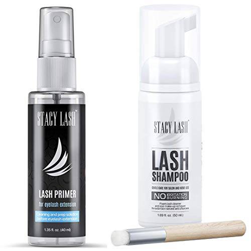 STACY LASH 50ml Shampoo + 40ml Primer / Eyelid Foaming Cleanser / Wash for Extensions and Natural Lashes / Paraben & Sulfate Free Safe Makeup & Mascara Remover / Professional & Self Use