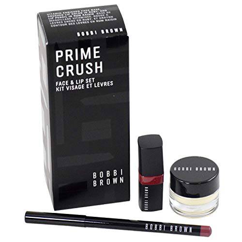 Bobbi Brown Prime Crush Face and Lip Set: Lip Pencil Rum Raisin, Mini Crushed Lip Color Ruby, Mini Vitamin Enriched Face Base Moisturizer and Primer