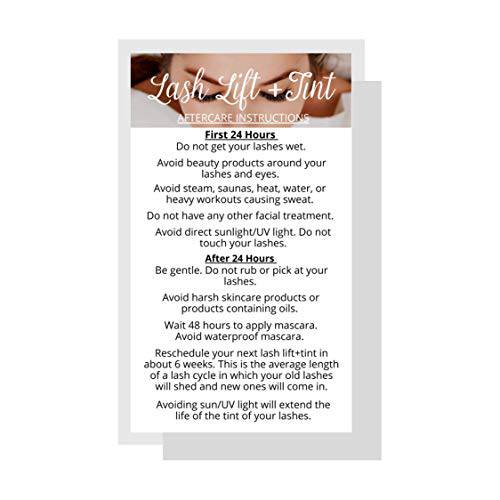 Lash Lift + Tint Aftercare Instruction Cards | 50 Pack | 2 x 3.5” inches Business Card Single Side | Eyelash Lift and Tint Kit at Home DIY aftercare Supplies | White with Lash Photo Design