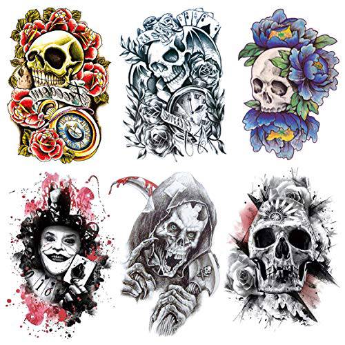 Kotbs 6 Sheets Halloween Temporary Tattoos for Men, Variety Skull Pattern Tattoo Stickers for Women, Waterproof Body Art Fake Tattoos for Costume Accessories and Parties