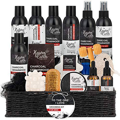 Unique Men’s Gift Set. Deluxe Gentleman’s Grooming Kit. Charcoal Cederwood Natural Bath & Body Spa Gift Set. Shaving & Beard Care Basket for Boyfriend. To The One I Love Gift For Dad, Husband etc.