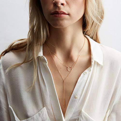 Adflyco Boho Layered Bar Necklace Circle Pendant Necklaces Chain Jewelry Adjustable for Women and Girls (Gold)