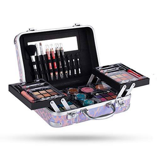 Hot Sugar All In One Makeup Set for Adults and Girls-Full Makeup Kit for Beginners Includes Eye Shadow Palette Blush Lip Gloss Lipstick Lip Pencil Eye Pencil Brush Mirror (Pink Leopard)